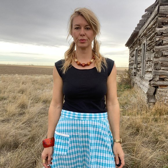 Blue Plaid Apron, Waist Apron with tie back, Prairie Apron Skirt - Picture 7 of 8